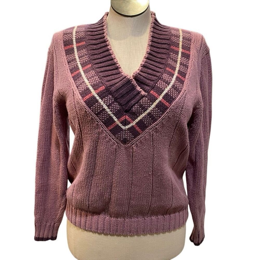 Vtg Womens Tennis Sweater S Purple Hand Framed Preppy Cable Knit Tennis Golf